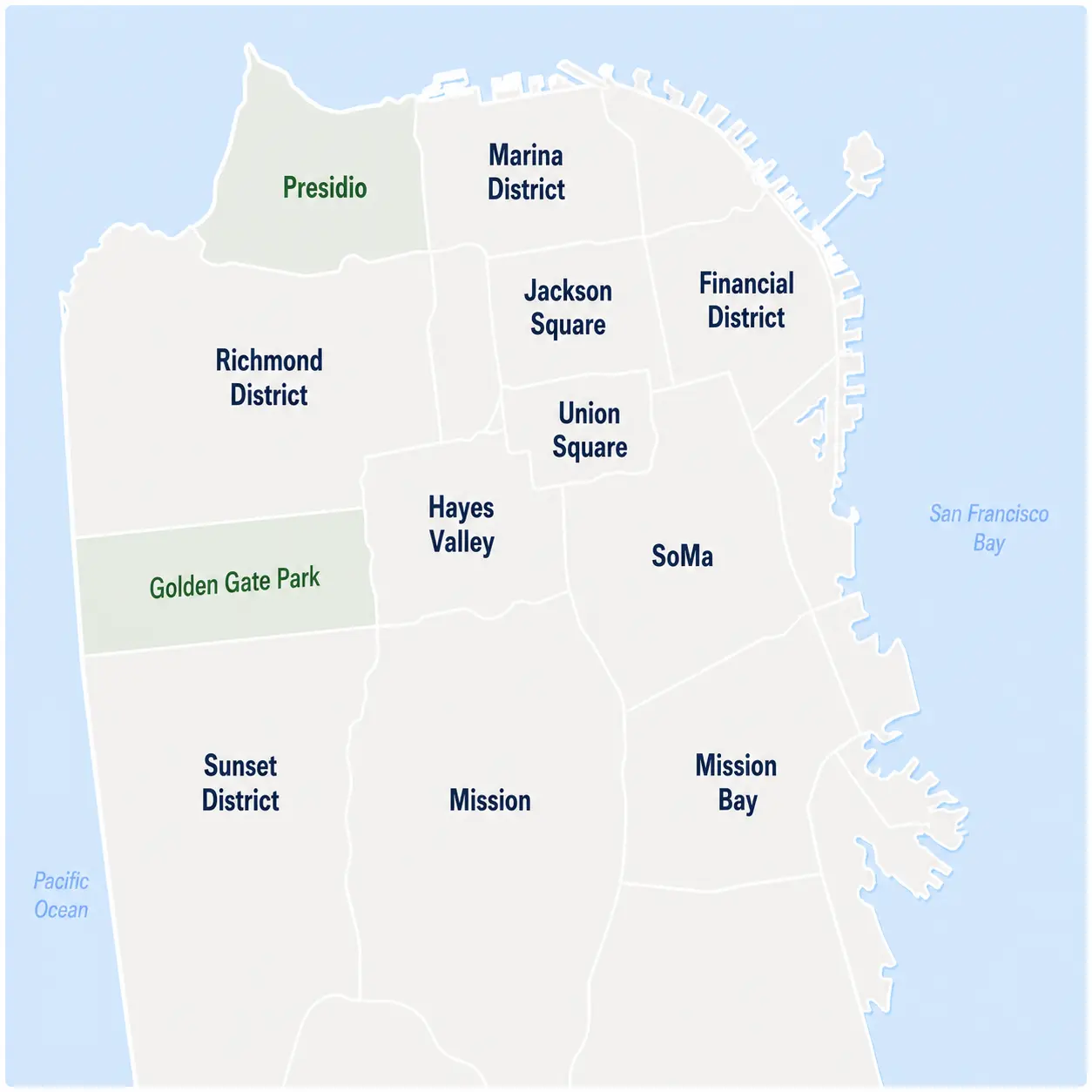 Editorial map of San Francisco showing the Richmond District in relation to nearby commercial districts.